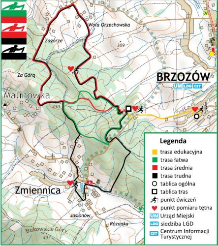 Mapa z zaznaczonymi różnokolorową kreską trasami Nordic walking