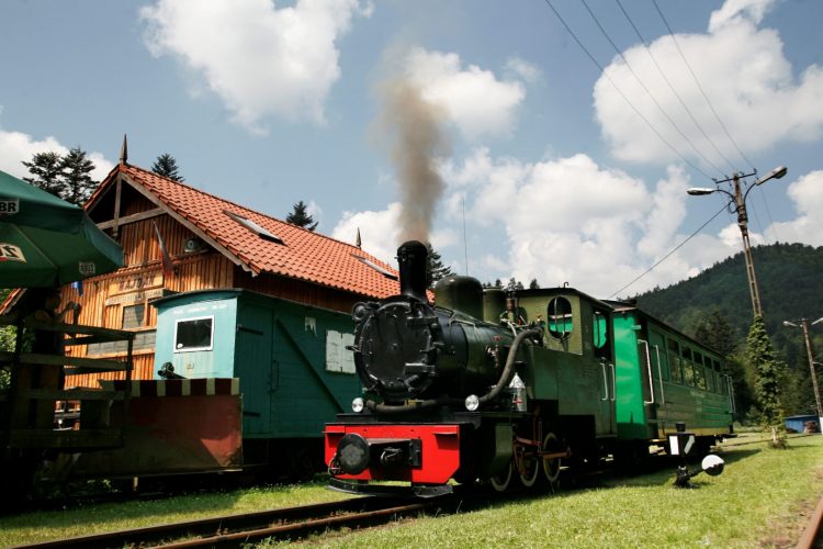 Czarny parowóz ciągnie zielony wagon. Z boku inne wagony i budynek